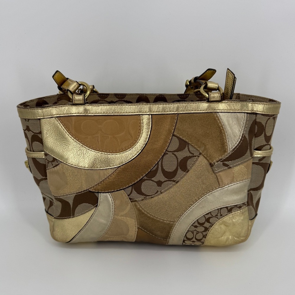 Coach Patchwork Signature Metallic Gold Brown Tote Shoulder Bag F14004 Boho Y2K - Picture 7 of 16